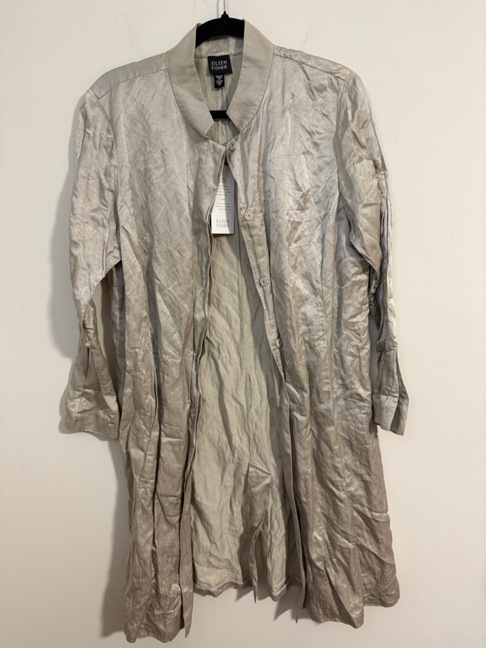 NWT Eileen Fisher crinkle satin stand color Long Button-Front jacket pebble M